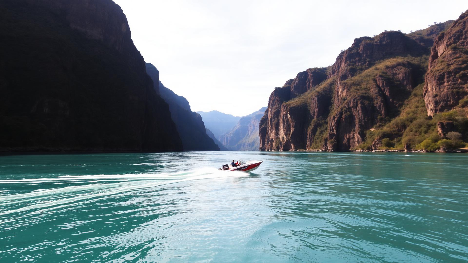 Jet boat speeding through a New Zealand river canyon