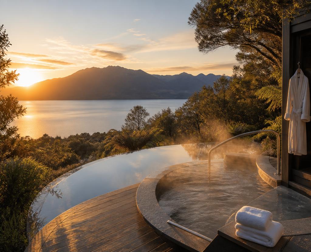 Luxurious spa pool overlooking a calm New Zealand lake at sunset